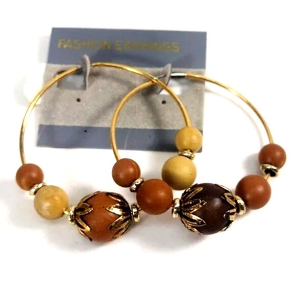 Boho Beaded Hoop Earrings – Natural Wood Look Beads, Gold-Tone Wire – Jewelry #6 - Picture 3 of 6